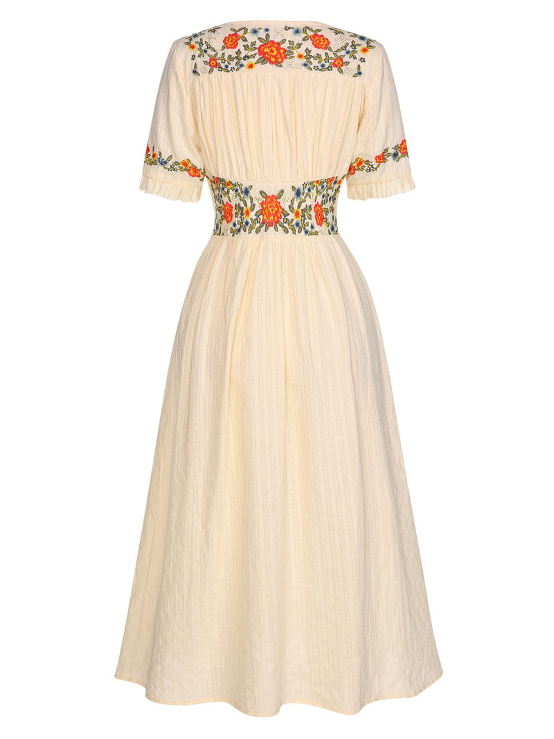 cotton beige dress Women's Floral Embroidered Button Up Boho Midi Dress Beige