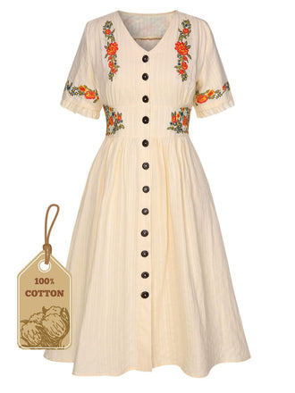 She slips into this Pure Cotton Beige 1940s V-Neck Floral Dress and suddenly it's a 1940s daydream