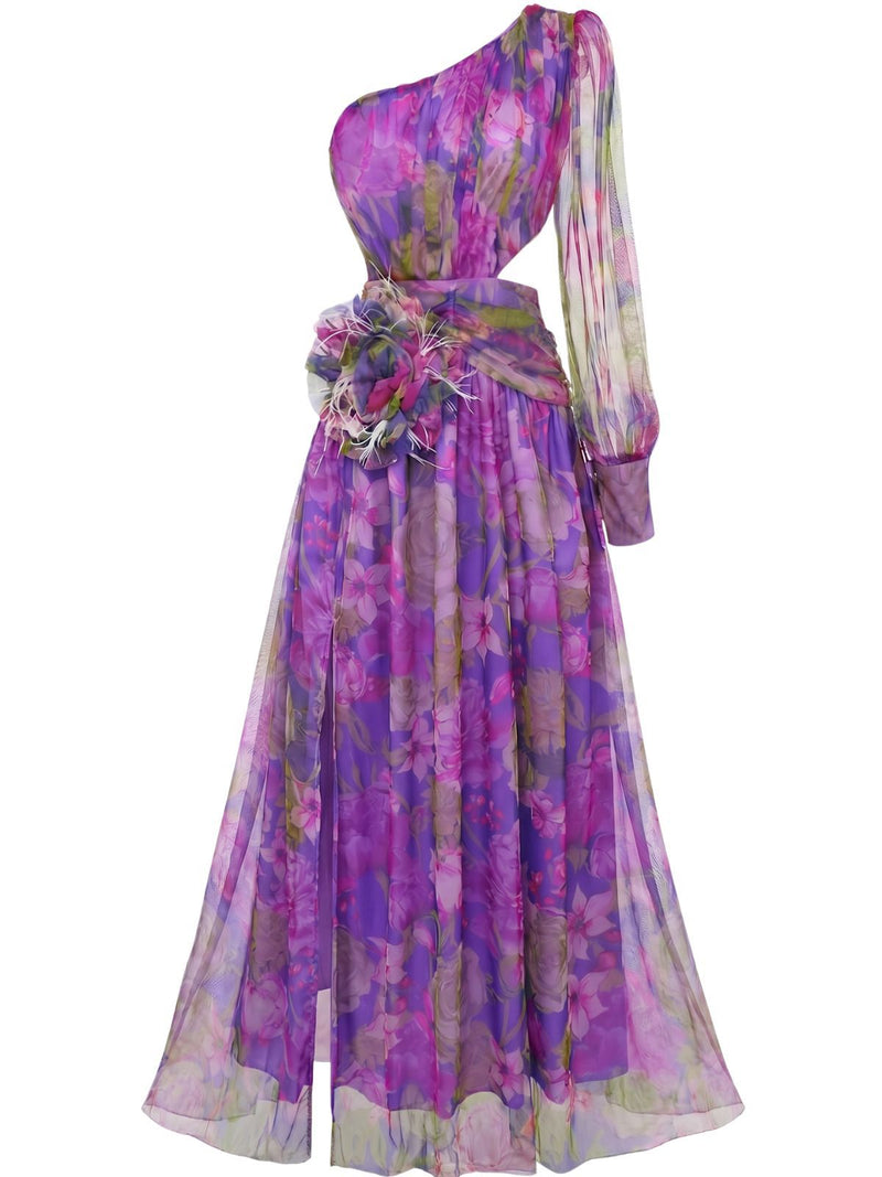 purple floral formal dress Wedding Guest with Sleeve One-Shoulder Tulle Maxi Dress for Garden Party shoulder neckline creates a Red Cottagcore Vintage Dress Gown Size:XSmall (4'11