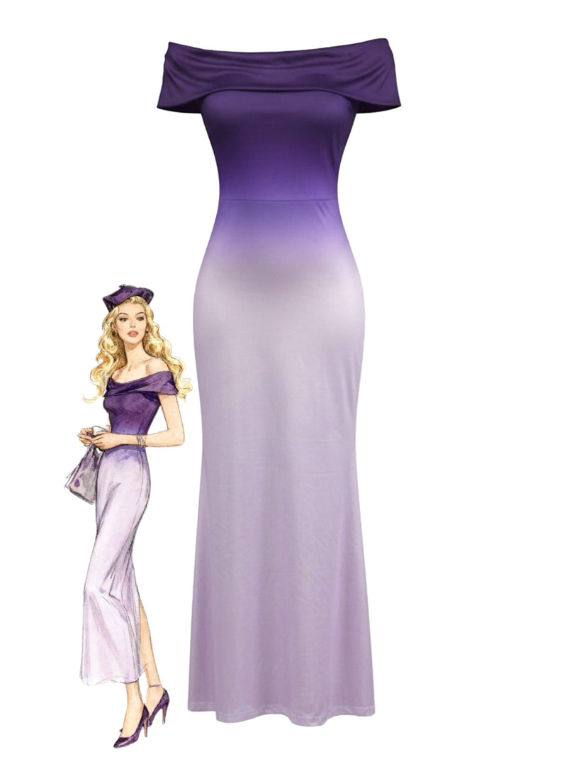 Purple 1930s Ombre Off-Shoulder Backless Maxi Dress