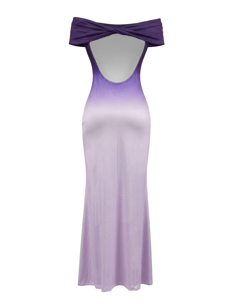 off shoulder backless dress Purple 1930s Ombre Off-Shoulder Backless Maxi Dress