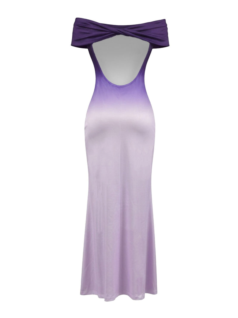 Purple 1930s Ombre Off-Shoulder Backless Maxi Dress | Retro Stage Purple 1930s Ombre Off-Shoulder Backless Maxi Dress | Retro Stage