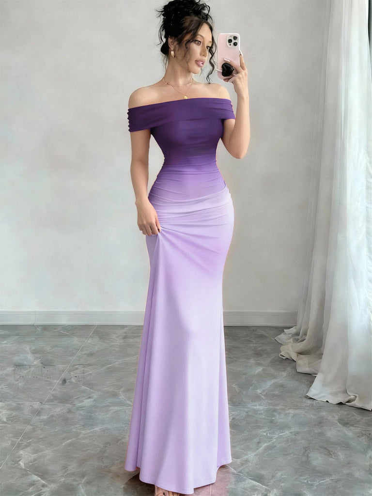 Purple 1930s Ombre Off-Shoulder Backless Maxi Dress | Retro Stage Purple 1930s Ombre Off-Shoulder Backless Maxi Dress | Retro Stage