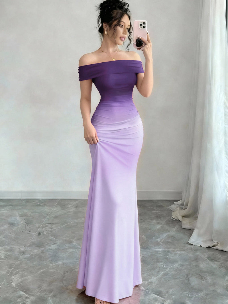 backless purple maxi dress Purple 1930s Ombre Off-Shoulder Backless Maxi Dress