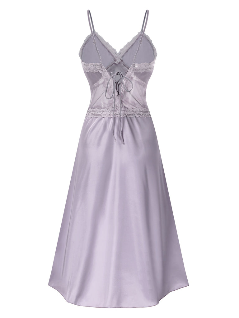 Purple 1930s Straps Lace Patchwork Satin Nightgown | Retro Stage