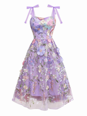 Purple 1940s 3D Floral Bow Strap Mesh Dress - vintage dress, retro fashion