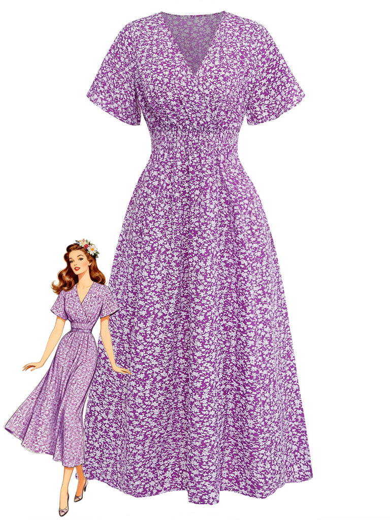 Purple-1940s-Ditsy-Floral-Short-Sleeves-Fitted-Midi-Dress, vintage, retro, dress