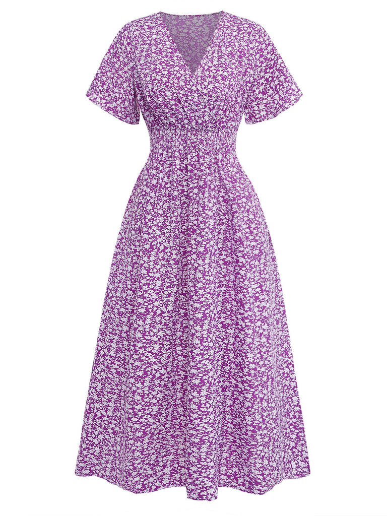 Purple-1940s-Ditsy-Floral-Short-Sleeves-Fitted-Midi-Dress, vintage, retro, dress