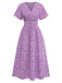Purple-1940s-Ditsy-Floral-Short-Sleeves-Fitted-Midi-Dress, vintage, retro, dress