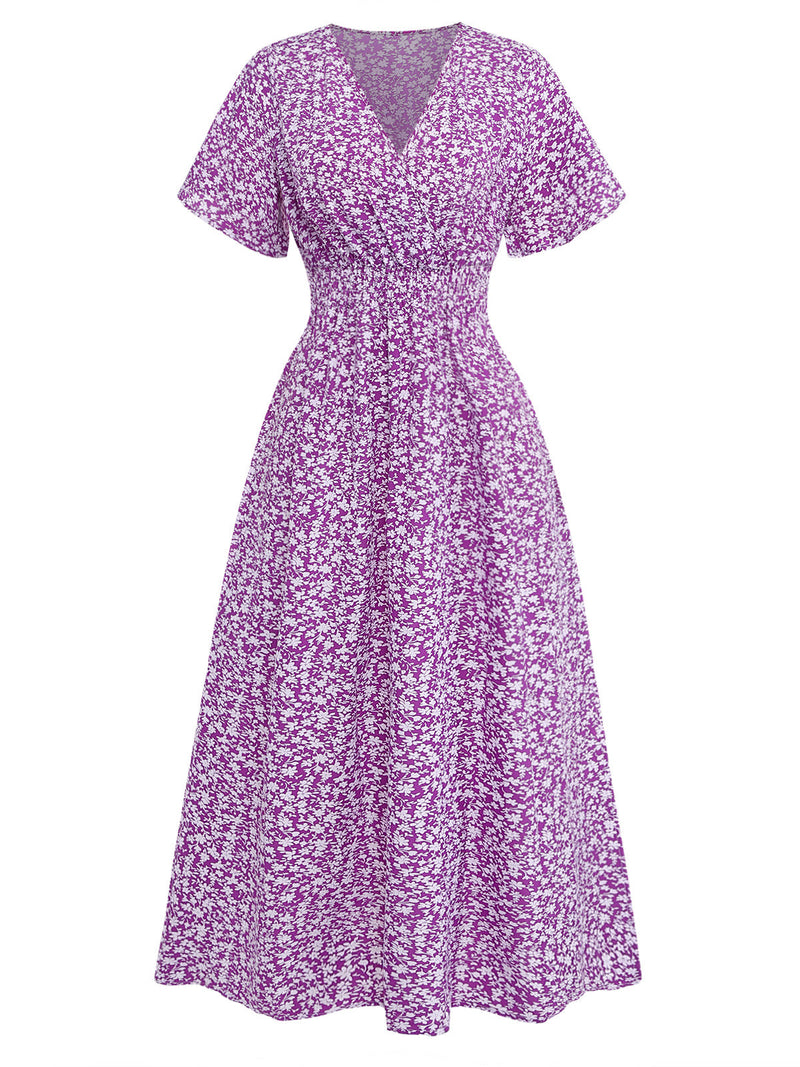 Purple 1940s Ditsy Floral Short Sleeves Fitted Midi Dress Purple 1940s Ditsy Floral Short Sleeves Fitted Midi Dress