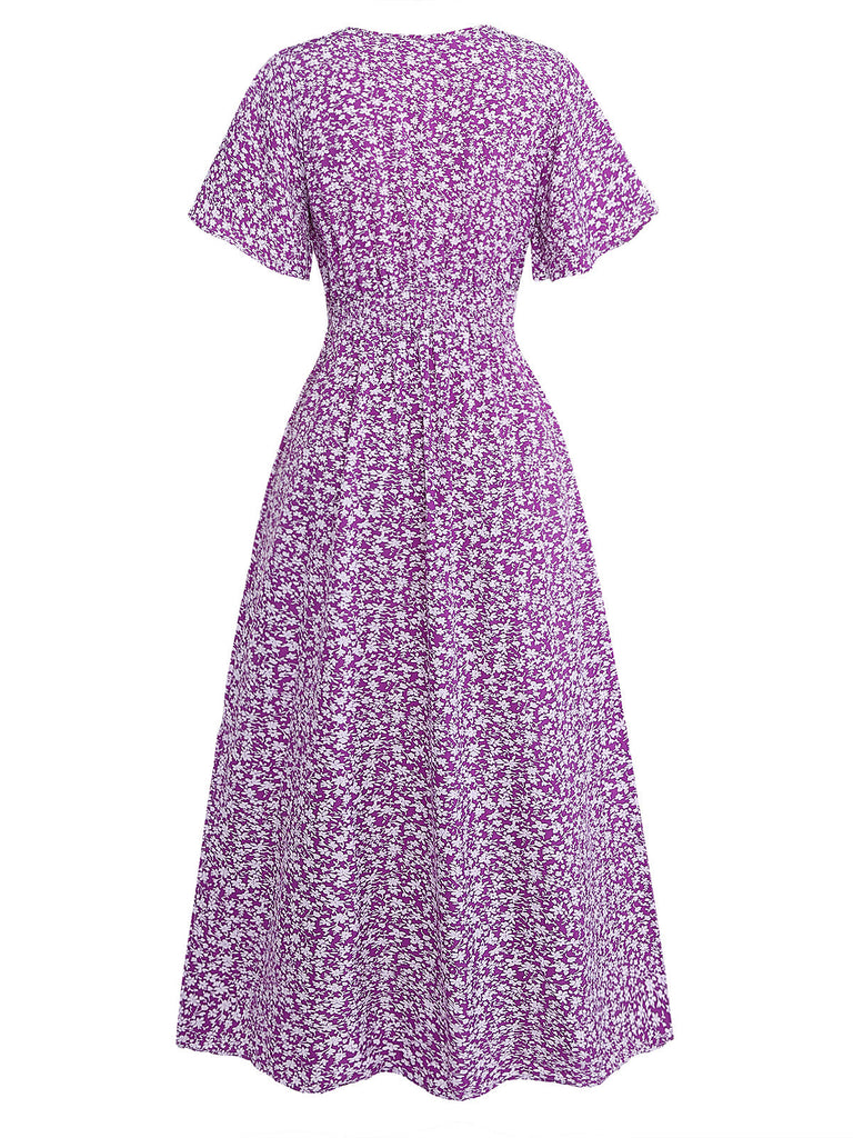 Purple-1940s-Ditsy-Floral-Short-Sleeves-Fitted-Midi-Dress, vintage, retro, dress