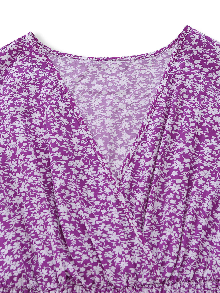 Purple-1940s-Ditsy-Floral-Short-Sleeves-Fitted-Midi-Dress, vintage, retro, dress