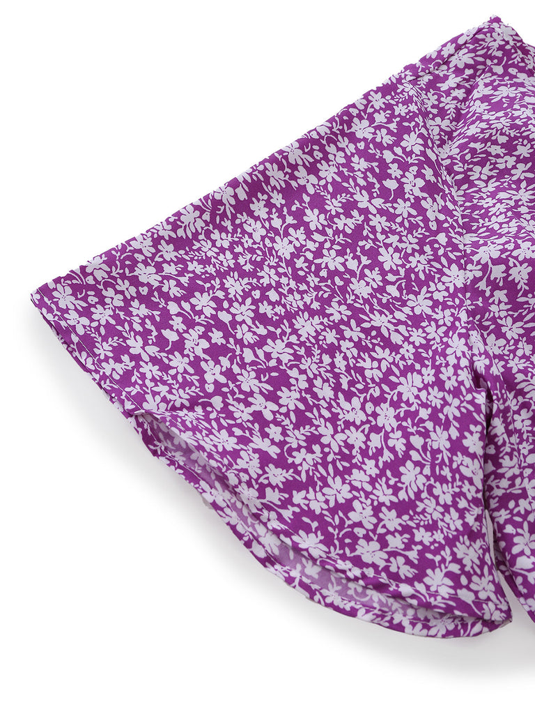 Purple-1940s-Ditsy-Floral-Short-Sleeves-Fitted-Midi-Dress, vintage, retro, dress
