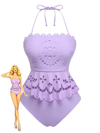Purple 1940s Halter Scalloped Eyelet Tankini Set - vintage fashion, retro style