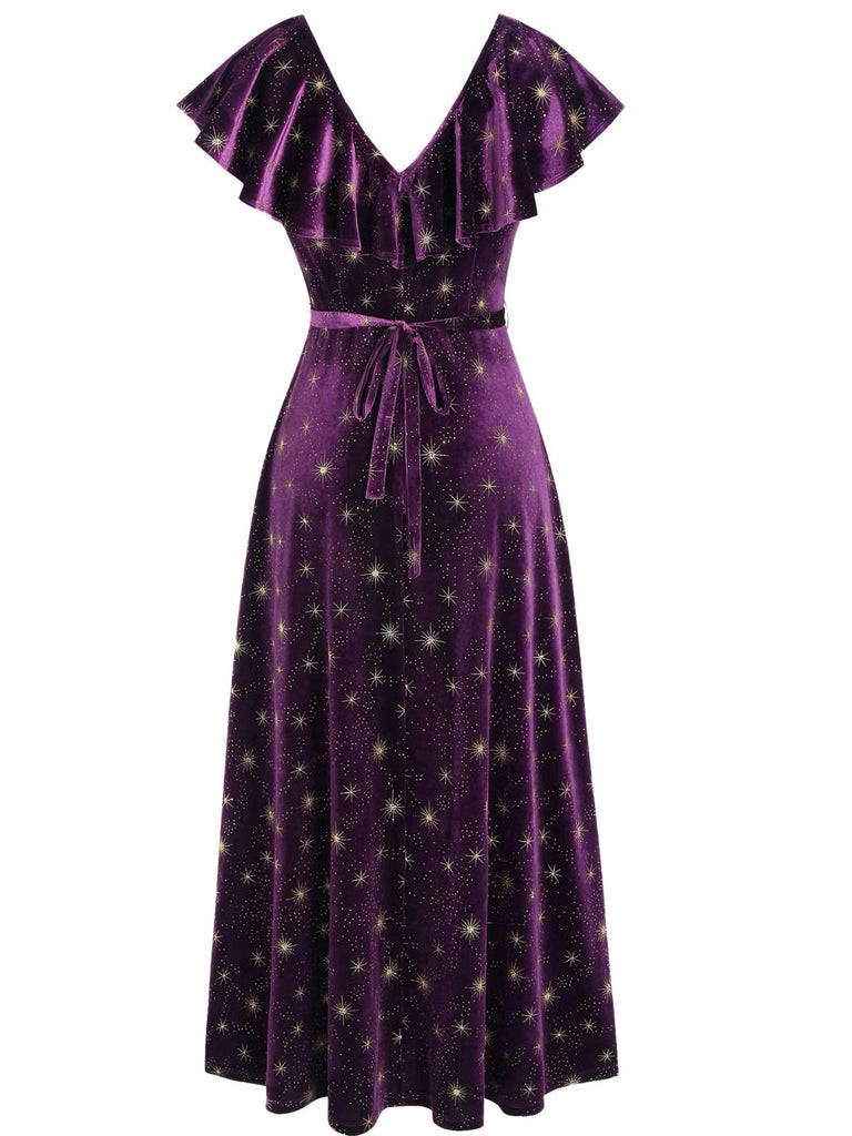Velvet V-Neck Star & Moon Ruffle Midi Dress Purple Velvet V-Neck Star & Moon Ruffle Midi Dress Purple