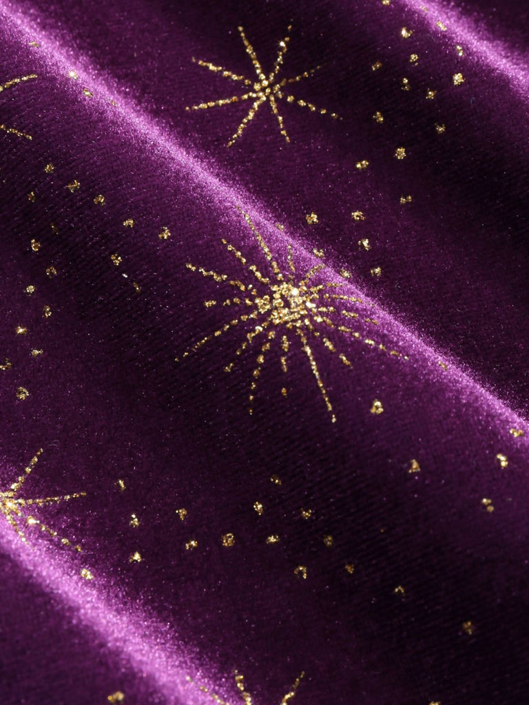 Velvet V-Neck Star & Moon Ruffle Midi Dress Purple