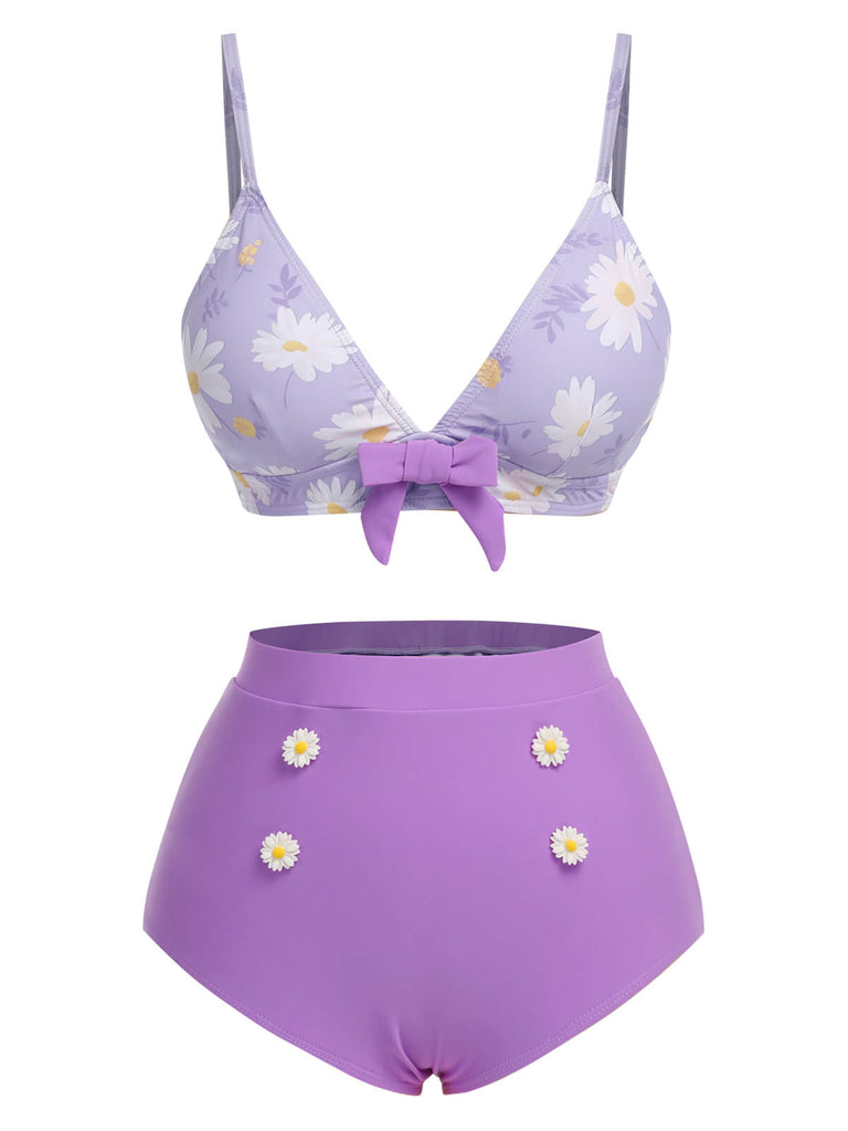 Purple 1950s Daisy Bow Strap Swimsuit, vintage swimsuit, pin-up swimwear - perfect for women who love vintage and retro fashion