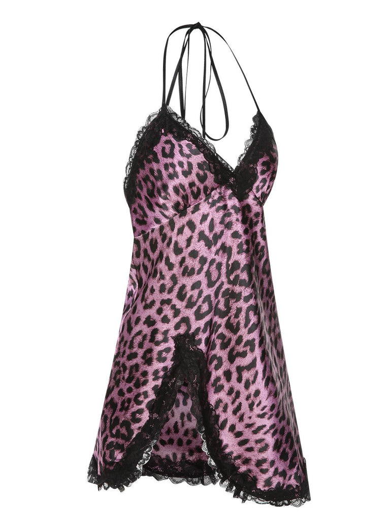 Purple 1950s Leopard Lace Patchwork Suspender Sleepwear, vintage fashion, retro style - perfect for women who love vintage and retro fashion