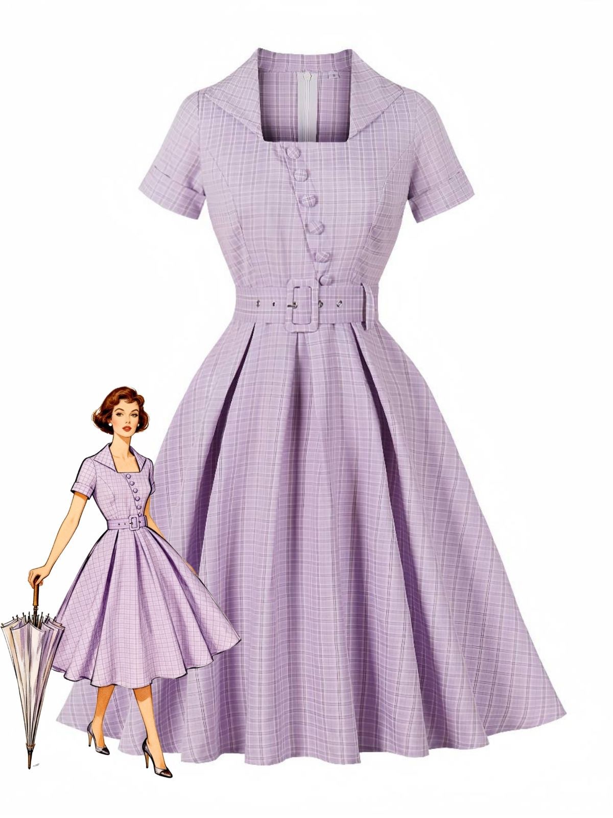 fitted lace wedding dress Women's Vintage 1950s Plaid Belt Slim-Fit Swing Retro Dress Mid-Length Dress main image 1