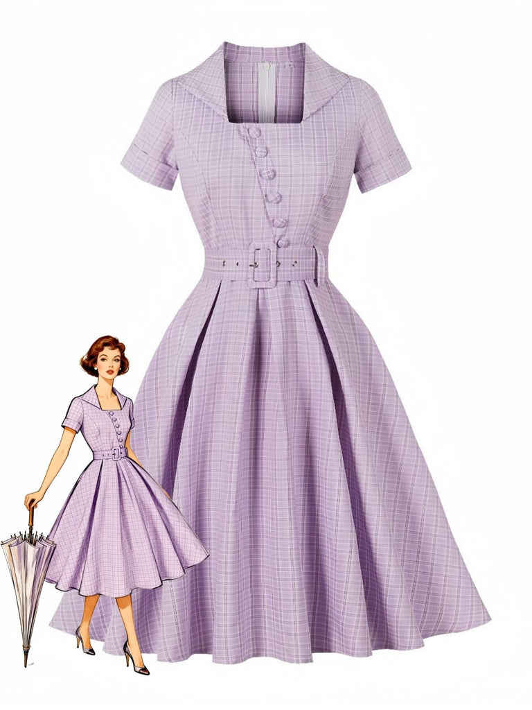 women's square neck button up dress Vintage 1950s Plaid Square Neck Button Belted Swing Dress Purple