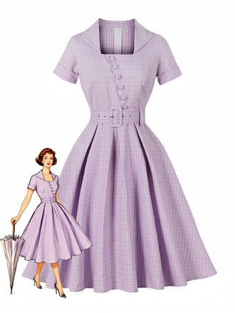 Purple 1950s Plaid Square Neck Button Swing Dress - vintage dress, retro fashion, rockabilly