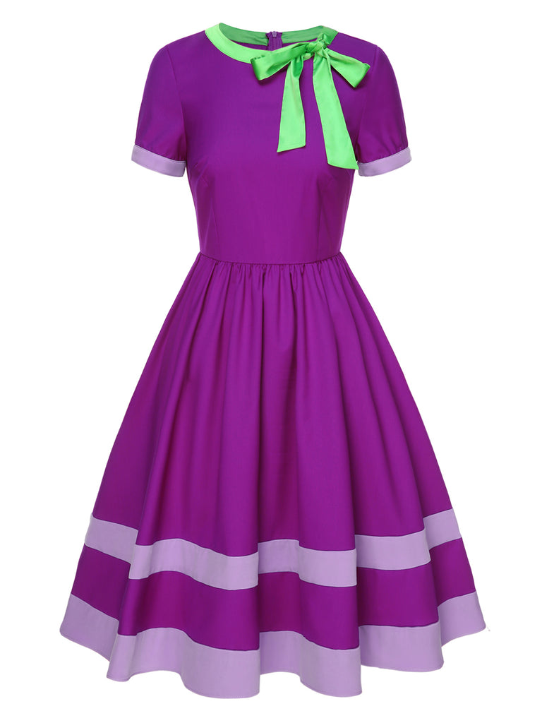 purple modern dress Purple 1950s Solid Spliced Tie Neck Dress