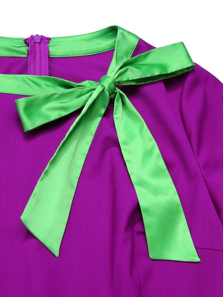 Purple 1950s Solid Spliced Tie Neck Dress | Retro Stage