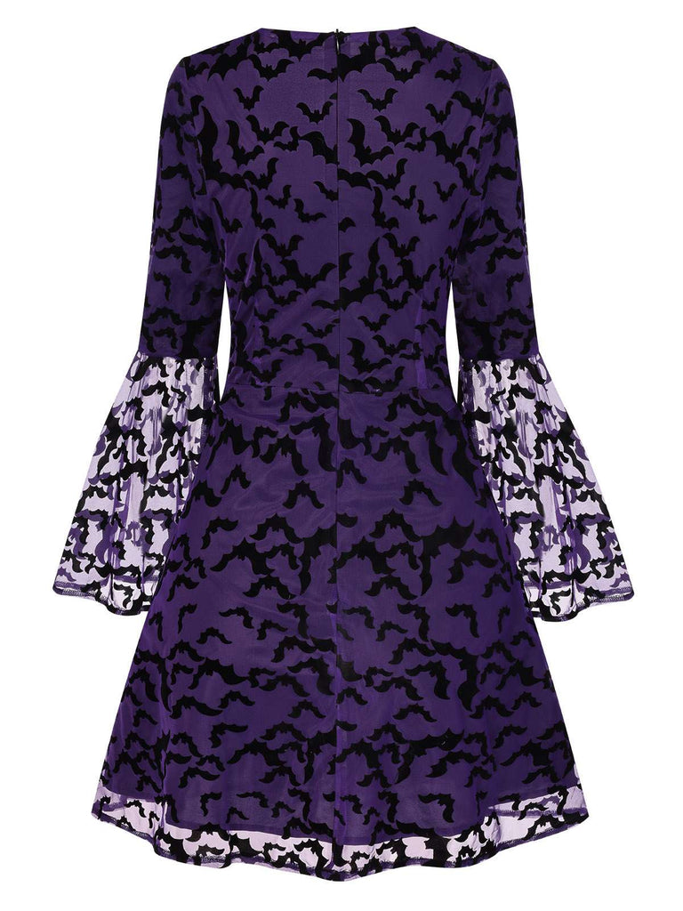 vintage bell sleeve dress Halloween Bats Print Mesh Bell Sleeves V-neck Mini Dress Purple