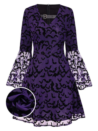 Purple 1960s Bats Mesh Bell Sleeves Dress, vintage dress, retro fashion - perfect for women who love vintage and retro fashion