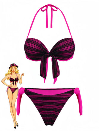 Purple 1960s Halter Striped Bow-Tie Bikini Set - vintage swimwear, retro swimsuit, pin-up style for vintage lovers