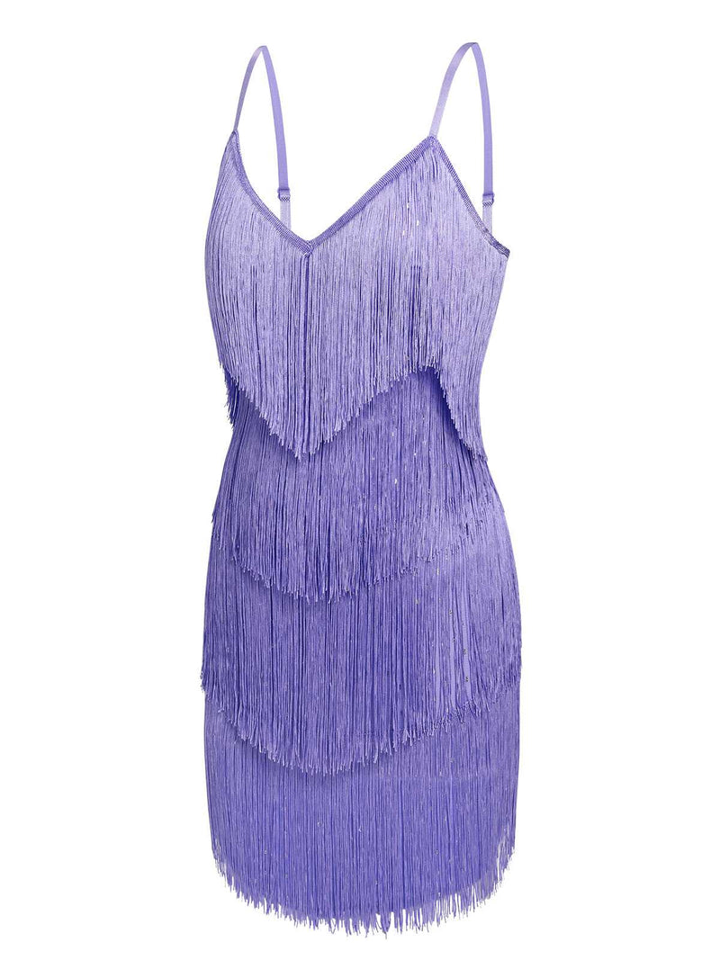 Purple 1960s Spaghetti Strap Fringe Dress