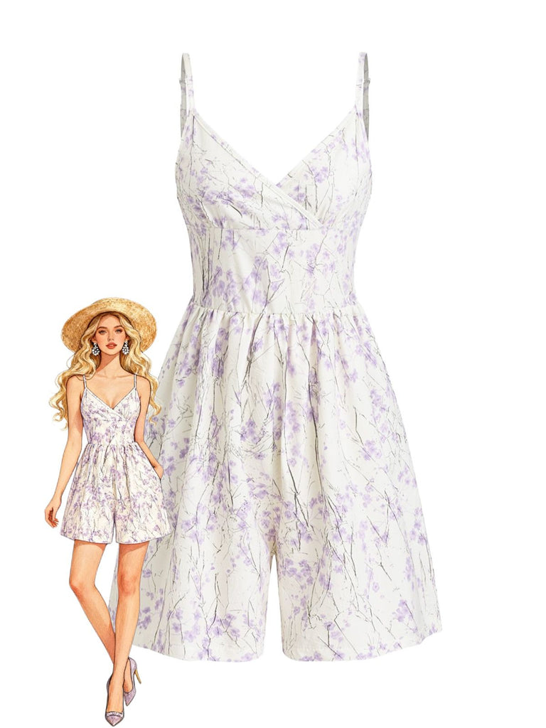 Purple 1970s Floral Print Spaghetti Strap Romper - vintage jumpsuit, retro fashion