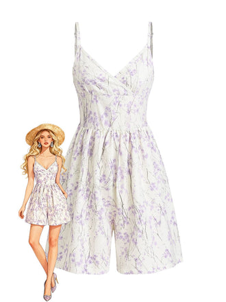 Purple 1970s Floral Print Spaghetti Strap Romper - vintage jumpsuit, retro fashion