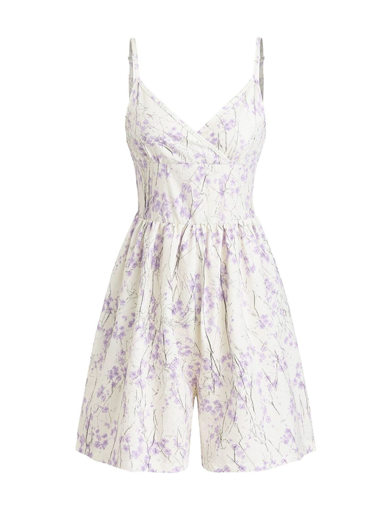 Purple 1970s Floral Print Spaghetti Strap Romper - vintage jumpsuit, retro fashion