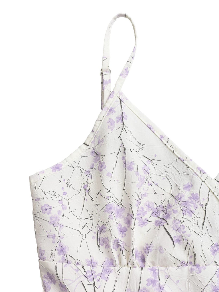 Purple 1970s Floral Print Spaghetti Strap Romper - vintage jumpsuit, retro fashion