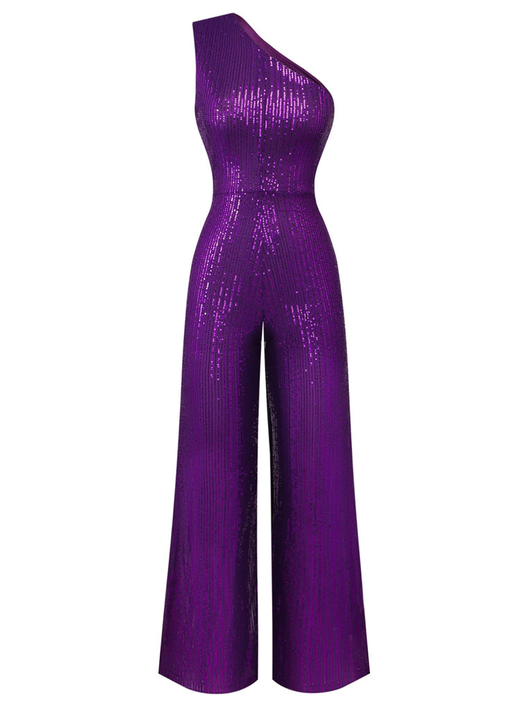 Purple 1970s  Sequin One-Shoulder Jumpsuit - vintage jumpsuit, retro fashion