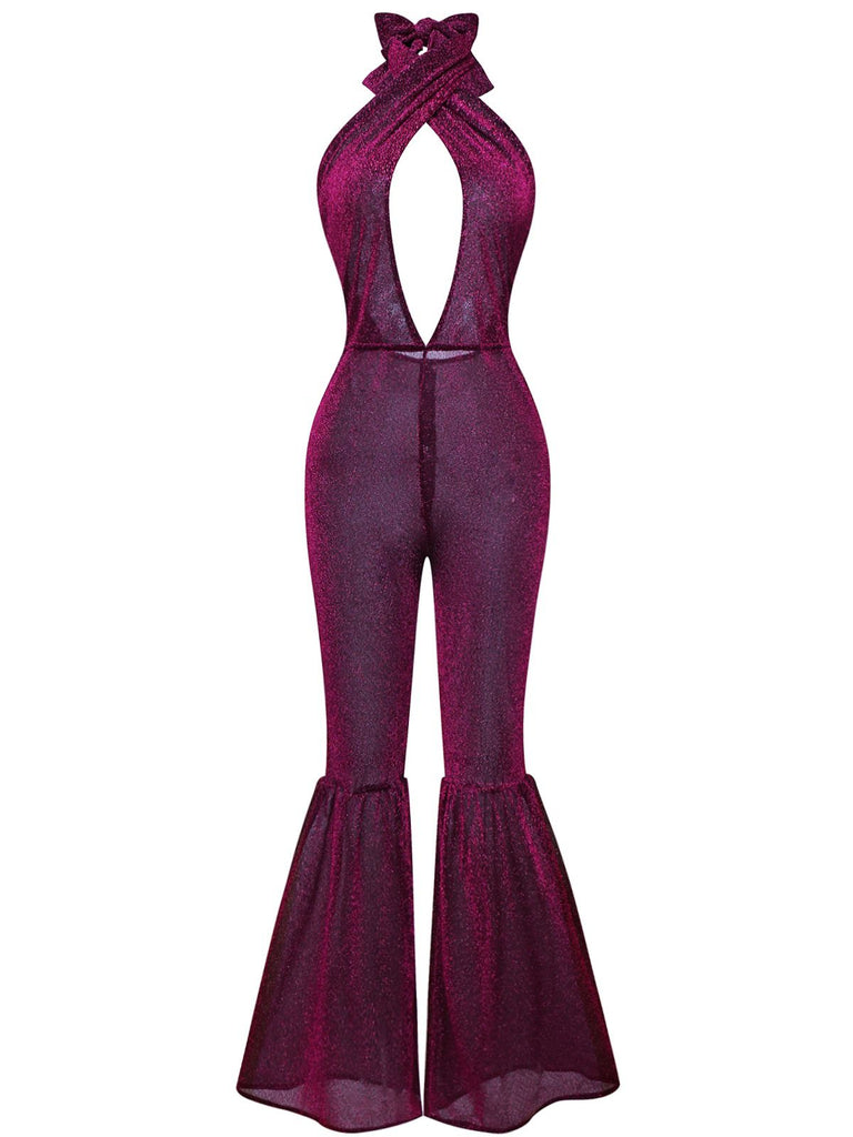 Purple 1970s Sheer Glitter Disco Halter Jumpsuit - vintage jumpsuit, retro fashion