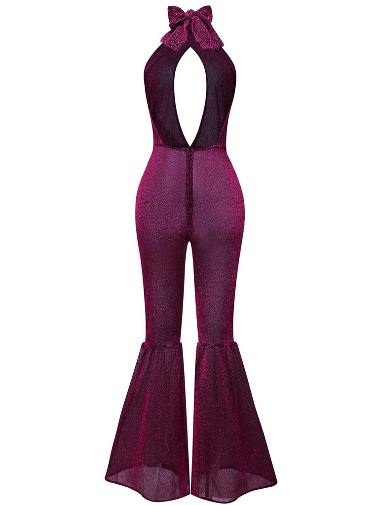 Purple 1970s Sheer Glitter Disco Halter Jumpsuit - vintage jumpsuit, retro fashion