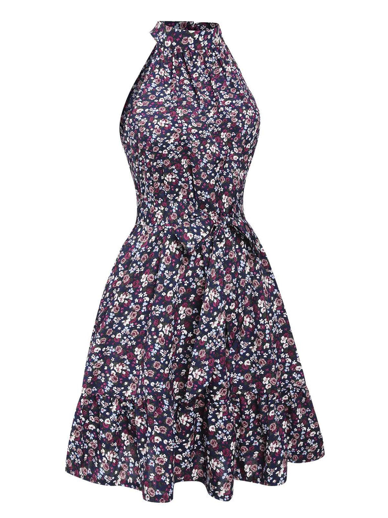 Purple 1980s Ditsy Floral Sleeveless Dress: where 1980s romance meets her modern spirit