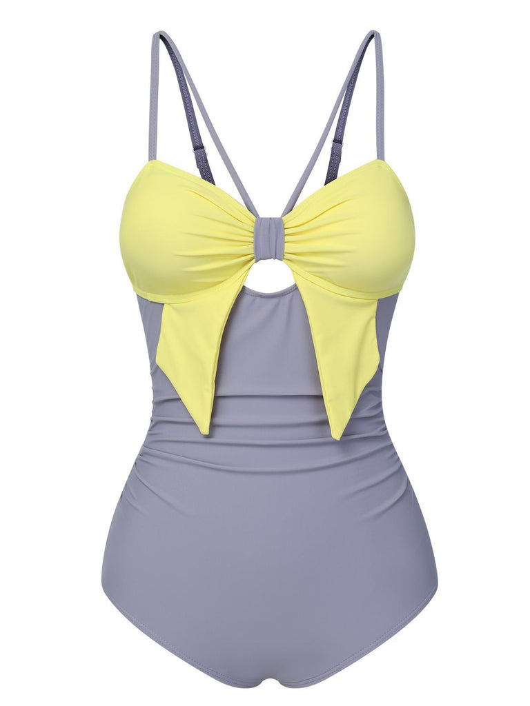 Purple & Yellow 1950s Cut Out Contrast Bow Swimsuit, vintage swimsuit, pin-up swimwear - perfect for women who love vintage and retro fashion