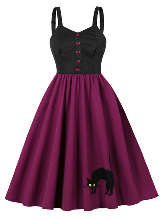 Purplish Red 1950s Cat Wide-Strap Swing Dress - vintage dress, retro fashion, rockabilly