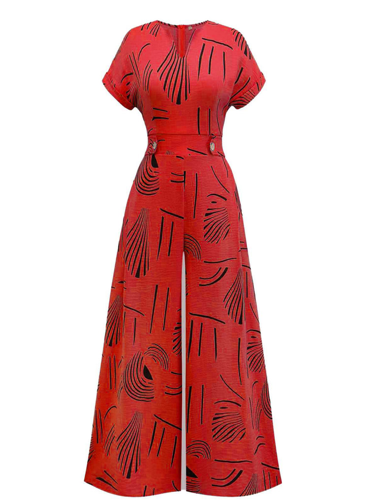 1970s V-Neck Abstract Line Wide-Leg Jumpsuit
