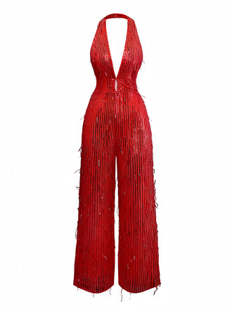 1970s Halter Deep V-Neck Sequin Fringe Jumpsuit