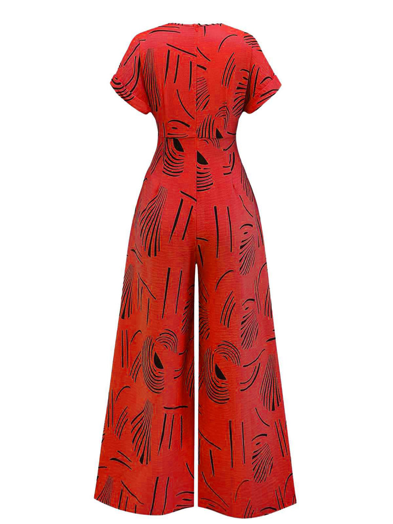 1970s V-Neck Abstract Line Wide-Leg Jumpsuit