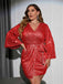 [Plus Size] 1960s Sequined Flare Sleeve Solid Wrap Dress