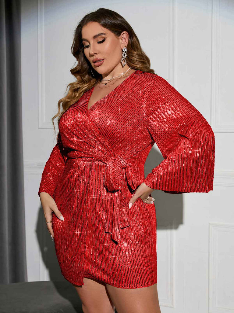 [Plus Size] 1960s Sequined Flare Sleeve Solid Wrap Dress