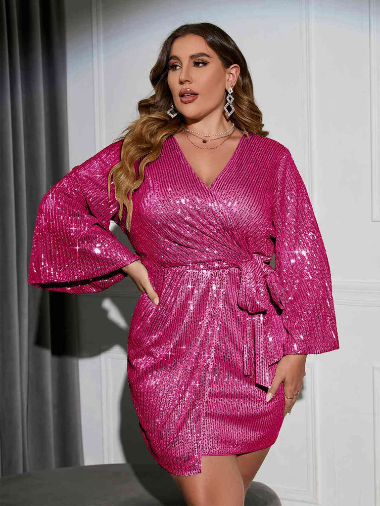 [Plus Size] 1960s Sequined Flare Sleeve Solid Wrap Dress