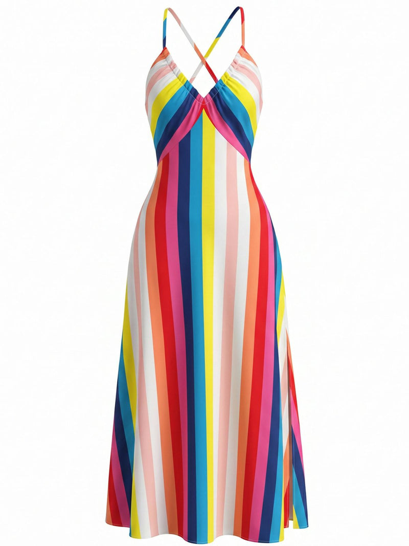 Rainbow Dress Women's Striped Spaghetti Strap A-Line Maxi Dress Pride Outfits