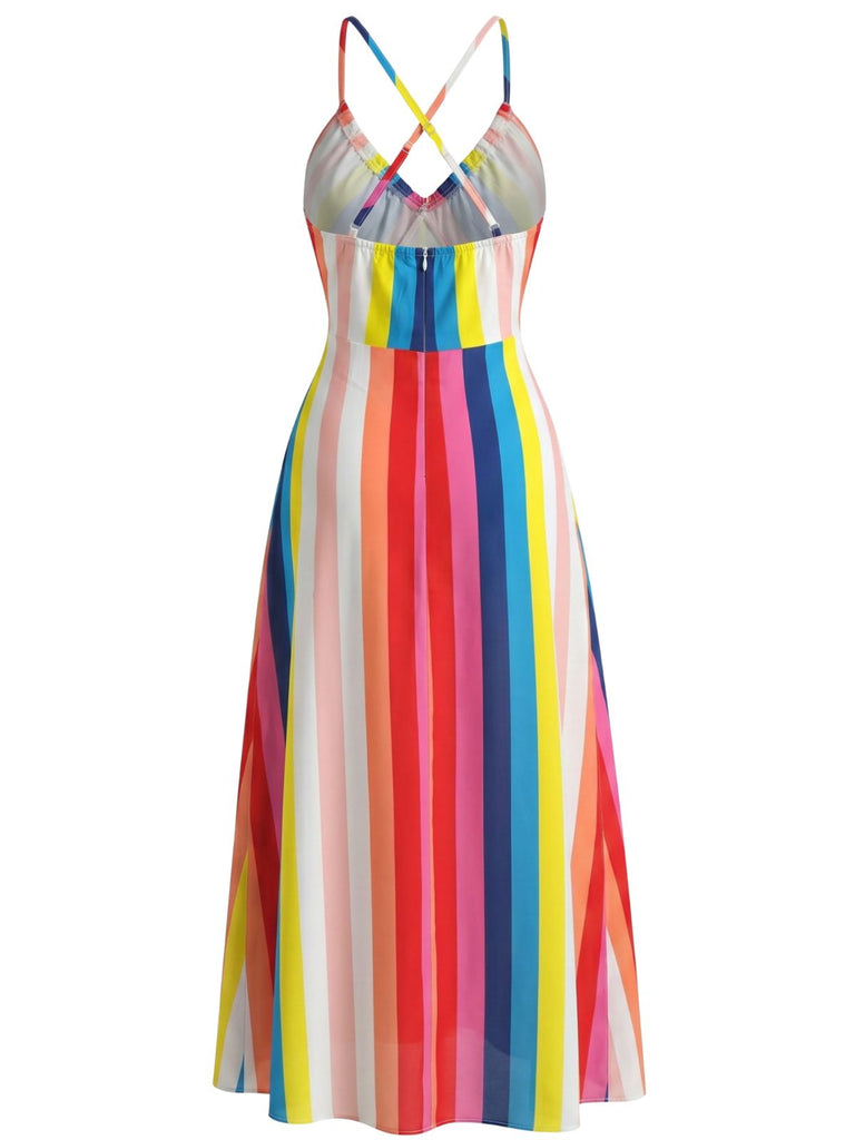rainbow striped midi dress Rainbow Dress Women's Striped Spaghetti Strap A-Line Maxi Dress Pride Outfits