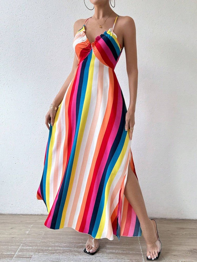 Rainbow 1930s Striped Spaghetti Strap A-Line Dress